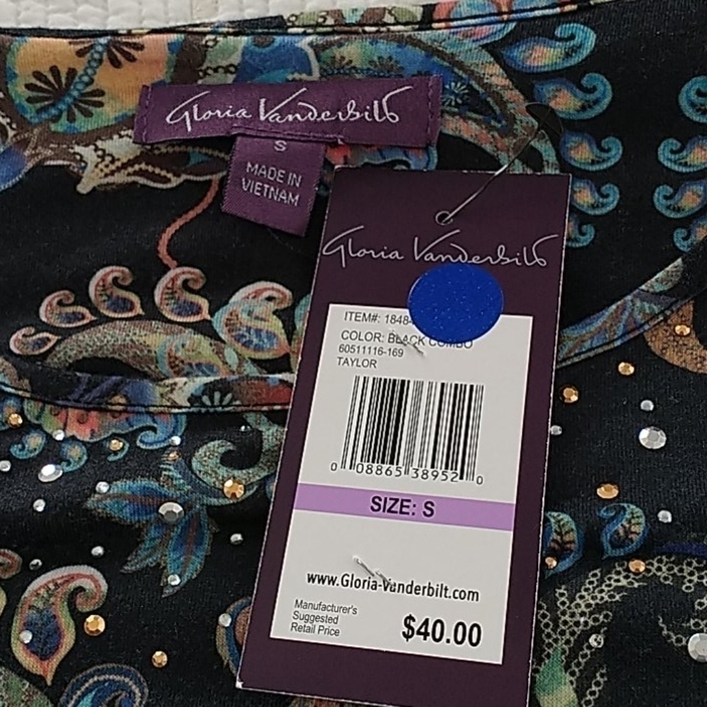 Gloria Vanderbilt, Black Paisley Top, Sz S - Picture 8 of 11